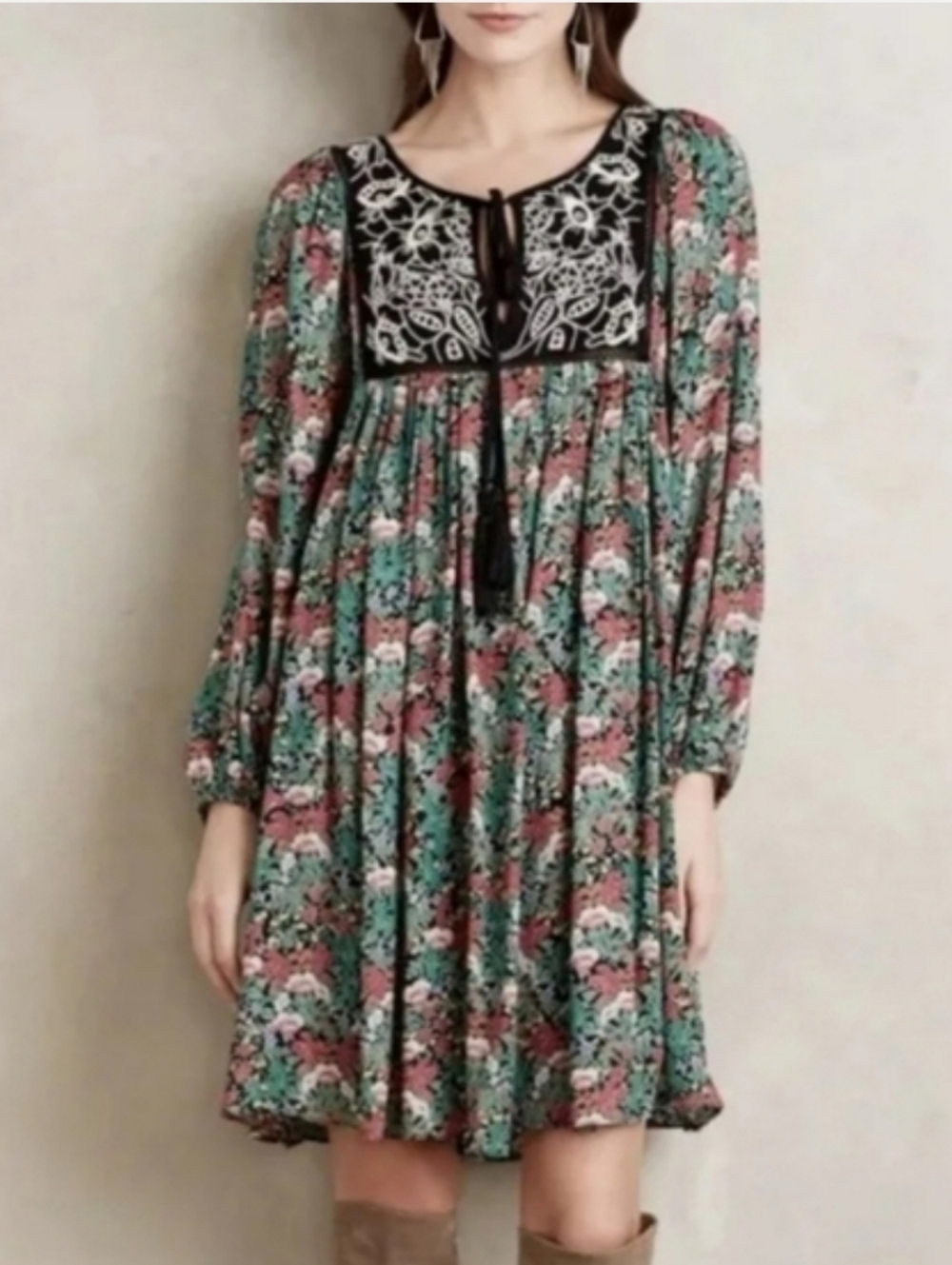 Anthropologie Flareal Boho Floral Babydoll Dress with Embroidered Yoke